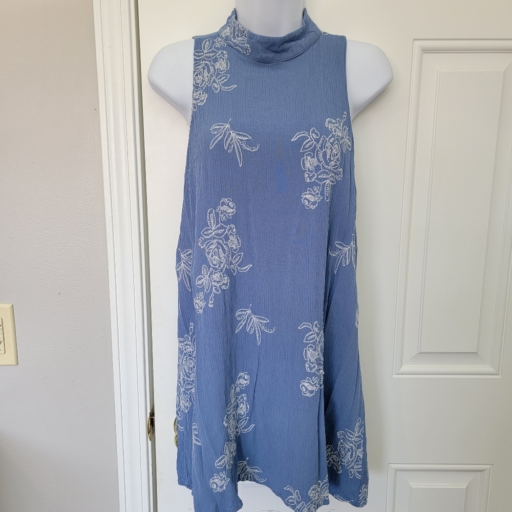 The Impeccable Pig Blue White Gauzy High Neck Open Back Mini Dress Size Small